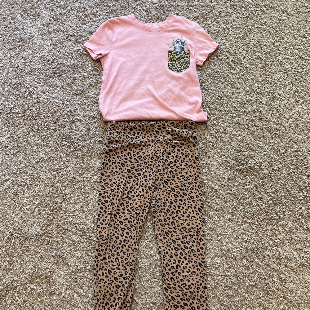 Leopard girl leggings pink t shirt with leopard cat pocket